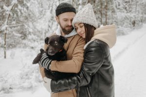 "Couple taking a moment to relieve holiday stress and connect."