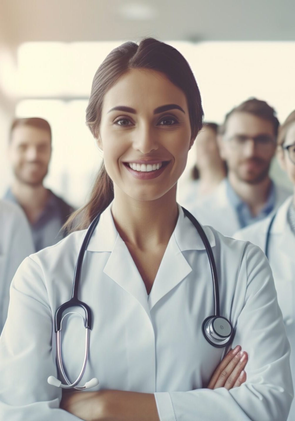 photo of a doctor team standing at a hospital with their arms crossed