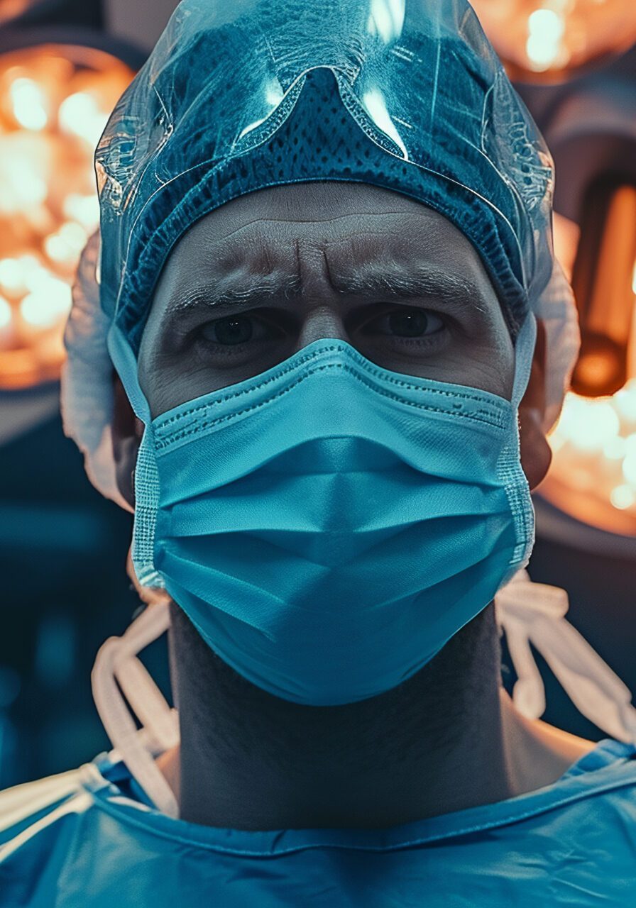 portrait of a surgeon in a mask and cap against the backdrop of burning operating room light